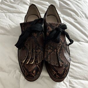 Zara Snake print leather platform loafers with fringed detail and black laces